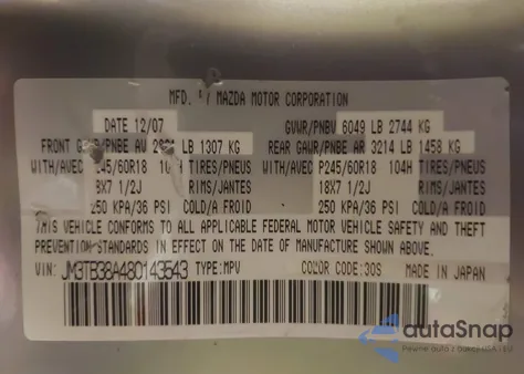 2008 Mazda Cx-9 Touring from USA, damaged, VIN JM3TB38A480143543